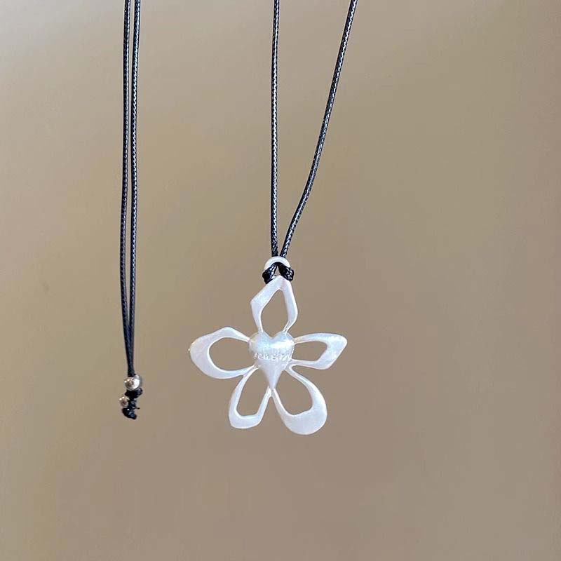 Fashion Silver Color Hollow Flower Long Necklace for Women Girls Simple Adjustable Black Rope Chain Necklace Jewelry Gifts