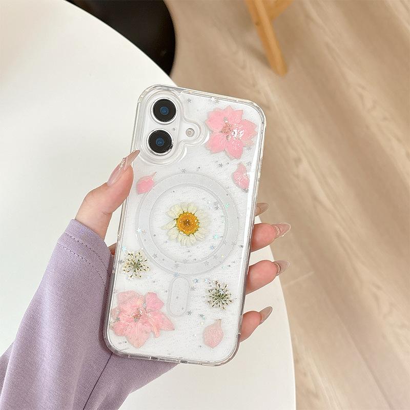 Magnetic Magsafe Phone Case for IPhone 17 Promax Flower Glitter for Apple 16 Wireless Charging 14