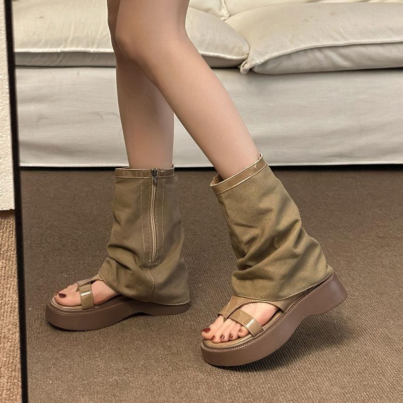 Spring and Summer New Sandals Women's Thick-soled Heightening Trouser Boots Niche Roman Shoes Pinch Feet Retro Cool Boots Short Boots