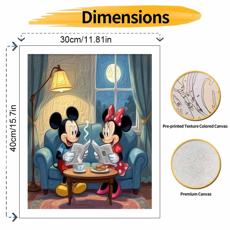Disney Mickey Minnie Reading Oil Paint Art Painting Kit Home Wall Decor Handmade Gift Relaxing Time Cozy Lounge Room Modern Art Decor