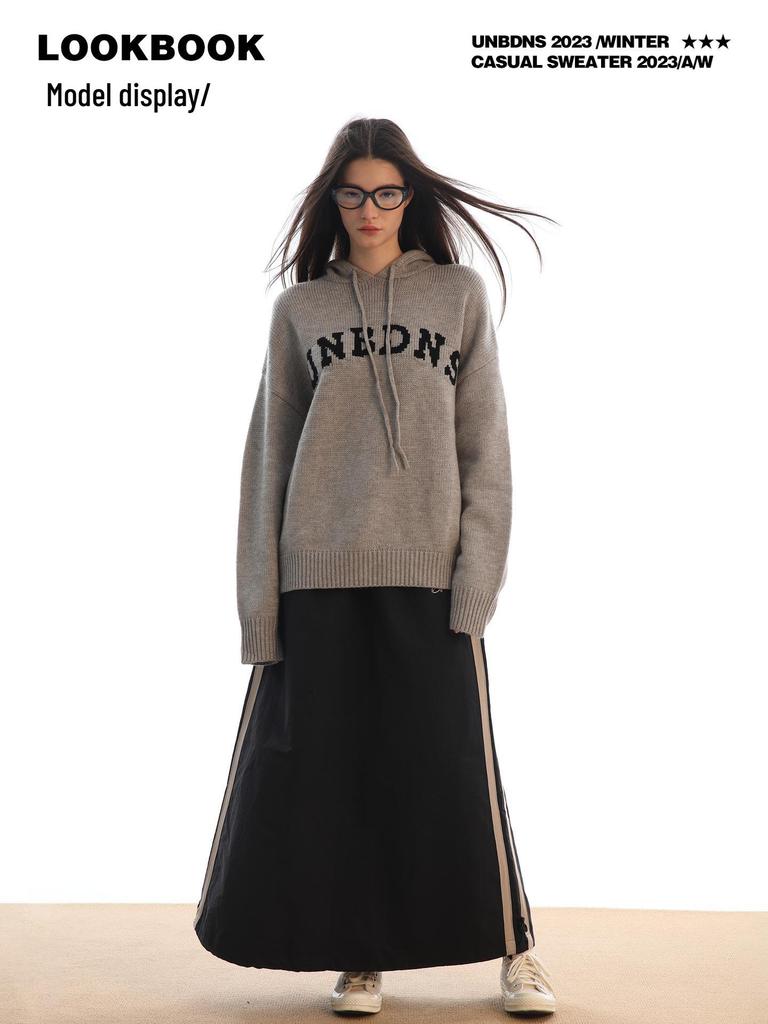 Unisex Vintage Knit Letter Sweater: Hooded, Loose, High-Street Cardigan