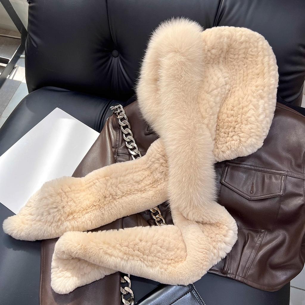 New Rex Rabbit Hair Hat Scarf Integrated Snow Cap Women's Winter Fox Fur Warm Versatile Hooded Scarf