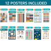 12 Pack Educational Posters Toddlers Kids Preschool Kindergarten Learning Charts for Classroom Home Alphabet Numbers Gift