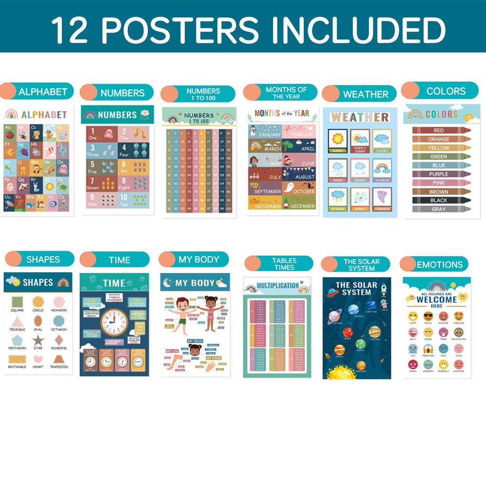 12 Pack Educational Posters Toddlers Kids Preschool Kindergarten Learning Charts for Classroom Home Alphabet Numbers Gift