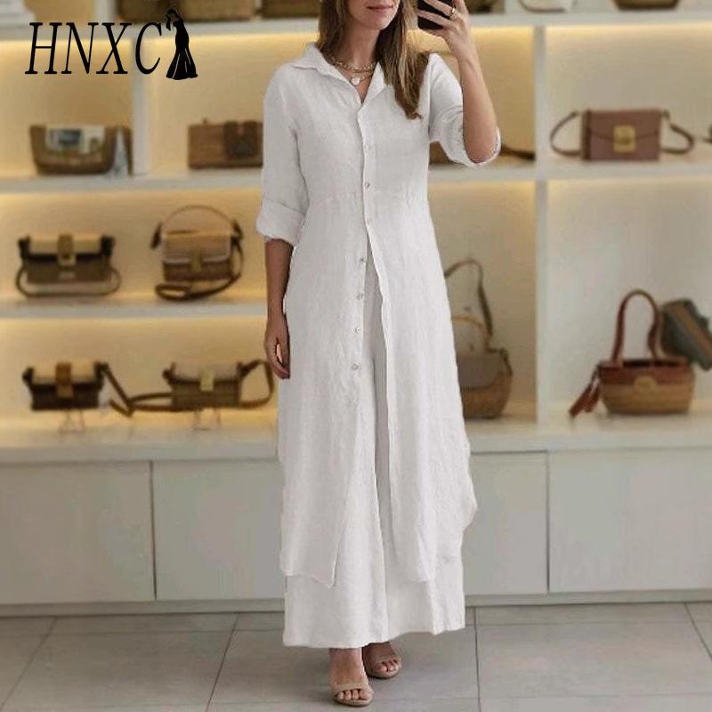 HNXC Damen Sommer-, Frühlings- und Herbst Elegantes Baumwoll- und Leinen Slim Taille Langärmeliger Weitbeiniger Hosenanzug