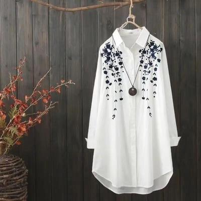 Korean Fashion Summer Shirts Women's Peter Pan Collar Embroid Single Breasted Long Sleeve Loose Mid-length Top