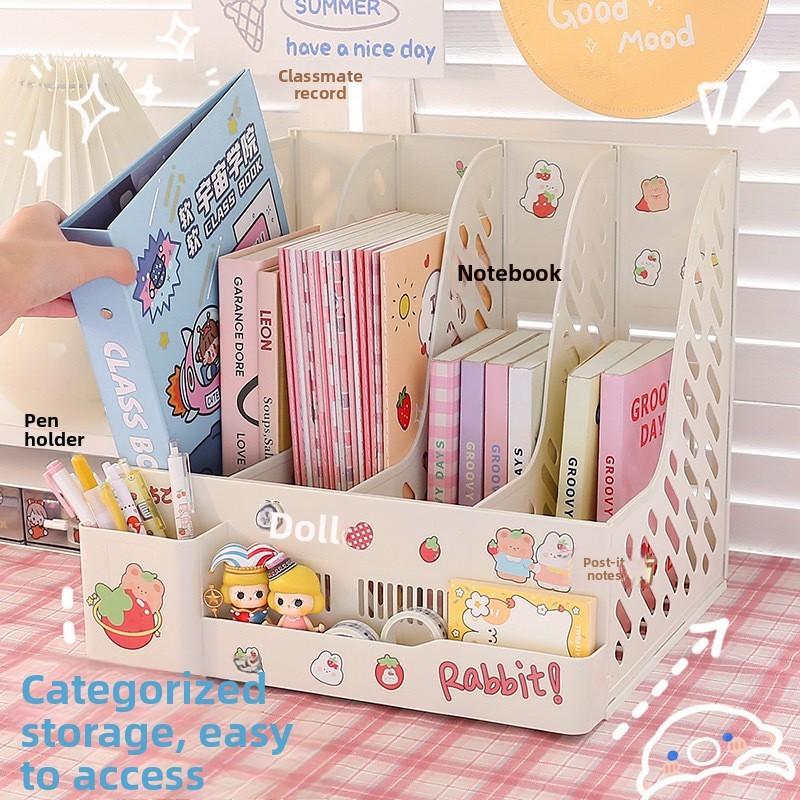 Metal Book Stand Partitions With Decor Stickers Student Office Document Book Holder Desk Organizer