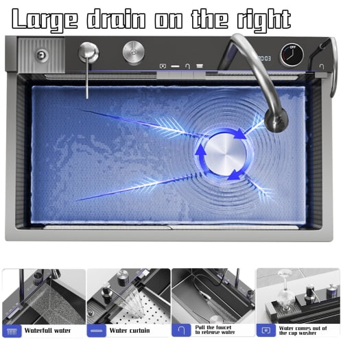Black Nano Kitchen Sink, 304 Stainless Steel Waterfall Sink, Single Bowl Workstation Kitchen Sink with Multifunction Digital Display, Fly Rain, and Pu