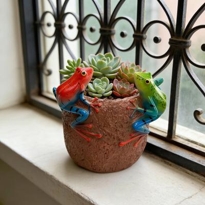 Pot de Fleur en Résine avec 2 Grenouilles sur le Bord Pot de Fleur Décoratif avec Trou de Drainage pour Maison Bureau Bureau Jardin Intérieur Extérieur Décor