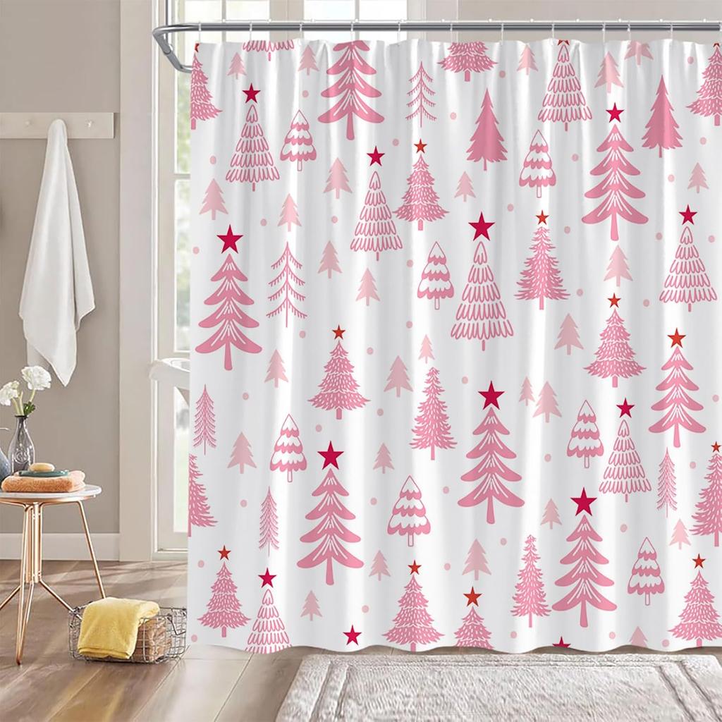 Christmas Tree Shower Curtain Blue Cute Xmas Tree Stars Cartoon Winter Holiday Merry Christmas New Year Bathroom Decor