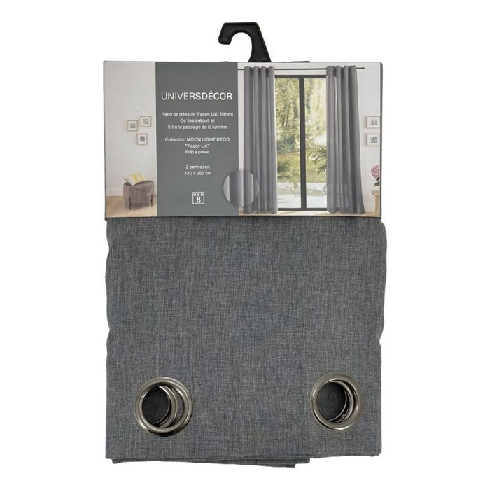 Paire de rideaux tamisants à œillets Effet Lin "Moonlight" Granite