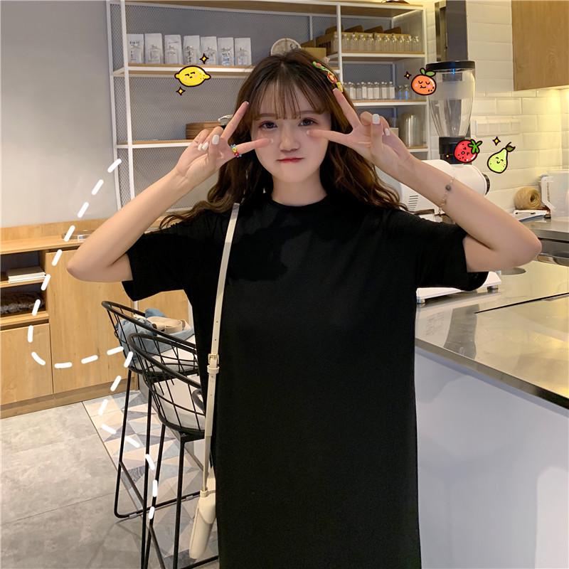 Casual Korean Style Over-the-Knee Slit Nightdress - Women's College Loose Fit Slimming T-shirt