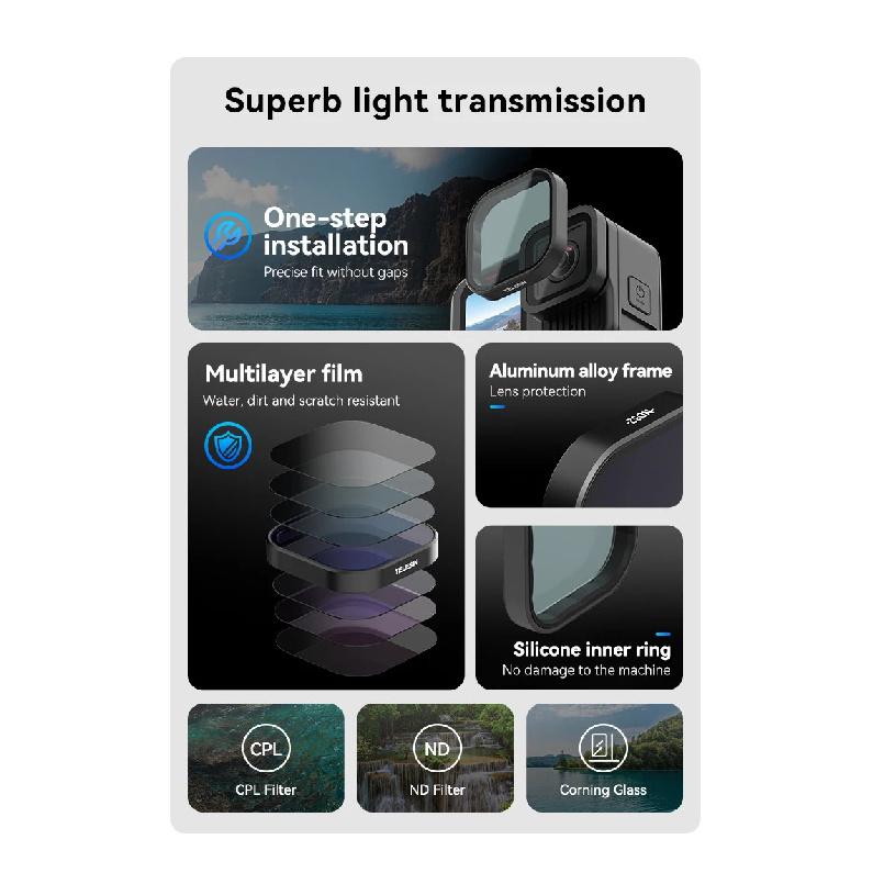 TELESIN ND8 ND16 ND32 ND64 CPL Lens Filter Set Aluminium Alloy Frame for GoPro Hero 13 Action Camera ND CPL Lens Filter