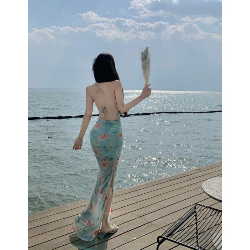 Atmosphere vacation style sweet and spicy high split waist floral dress pure desire beach photo