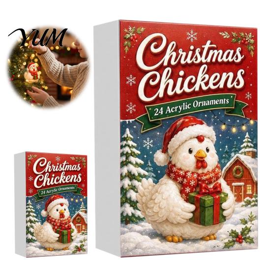 Unique Holiday Gift Box Christmas Chicken Advent Calendar 2026, 24 2D Acrylic Decorative Xmas Pendant Collection Ornaments, Cute Tree Decorations for