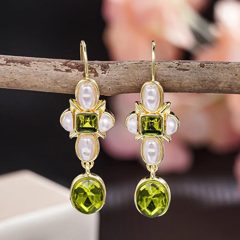 Huitan Aesthetic Women Drop Earrings Imitation Pearl Elegant Wedding Engagement Accessories Inlaid Shiny Green CZ Party JewelryGood Product