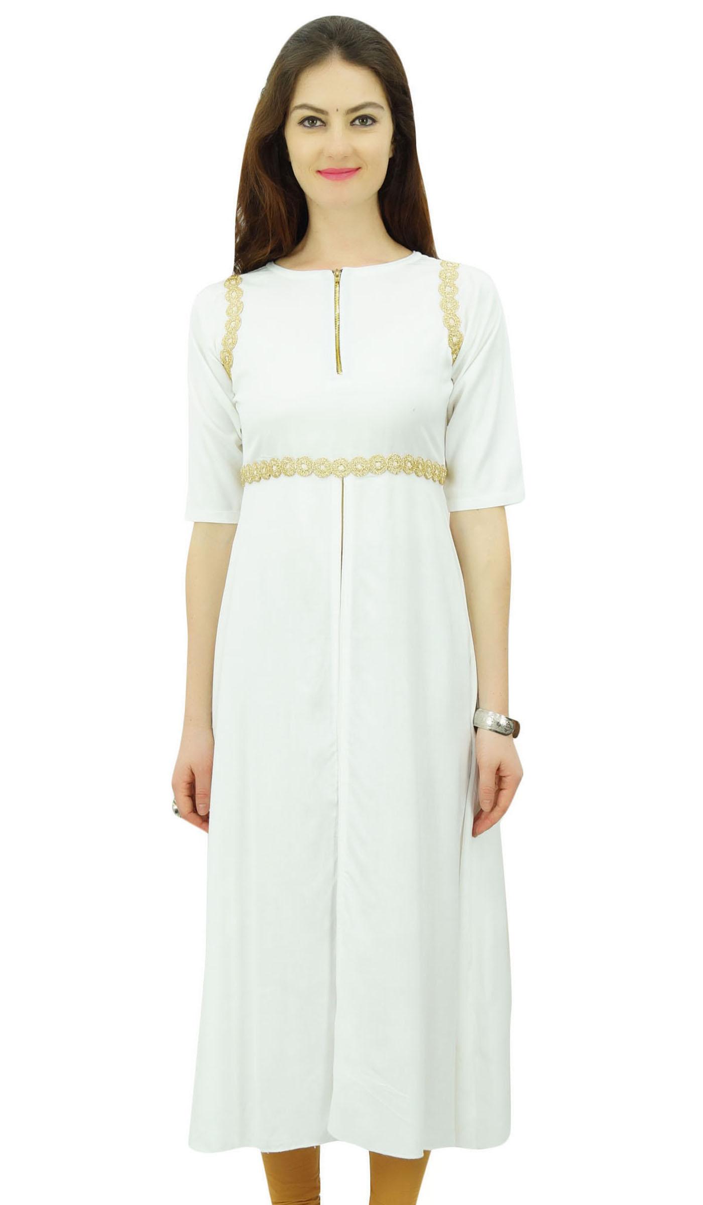 

Phagun Women Black Rayon Kurti Lace Work Chic Kurta Zipper Front Slit Tunic - 8 білий