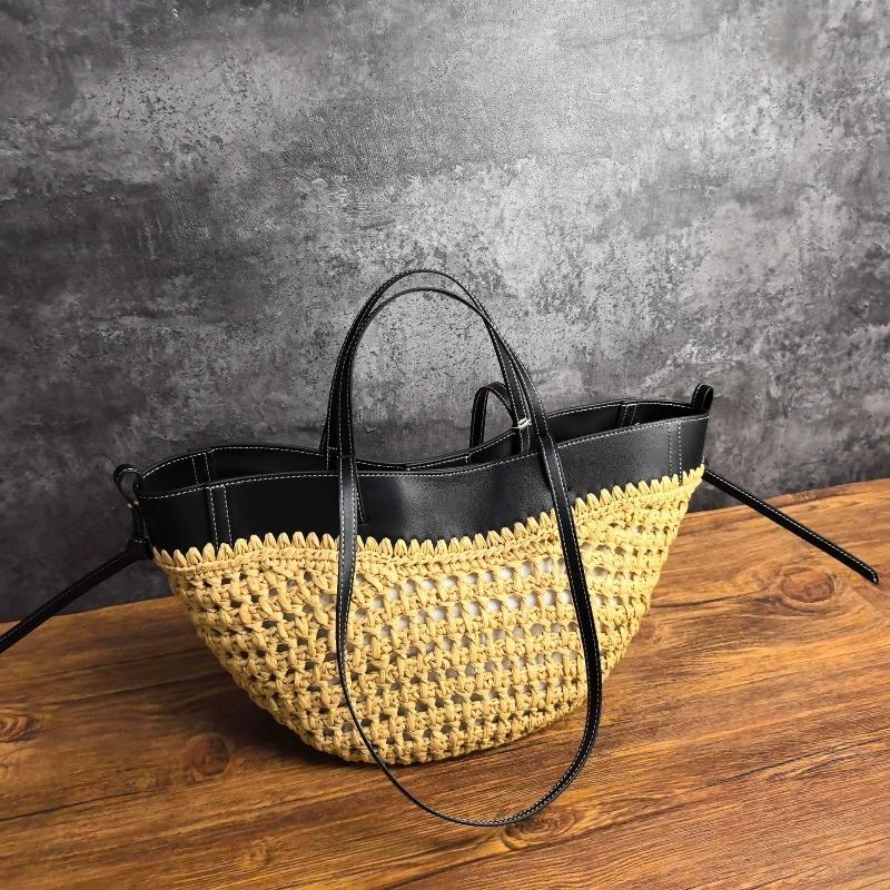 Internet celebrity popular POLE high quality French straw tote bag leather splicing versatile portable underarm vegetable basket bag