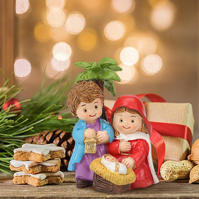 Christmas Nativity Statue Resin Small Manger Scene Set Collectible Figurines Jesus Birth Decorations for Desk Window Decoration