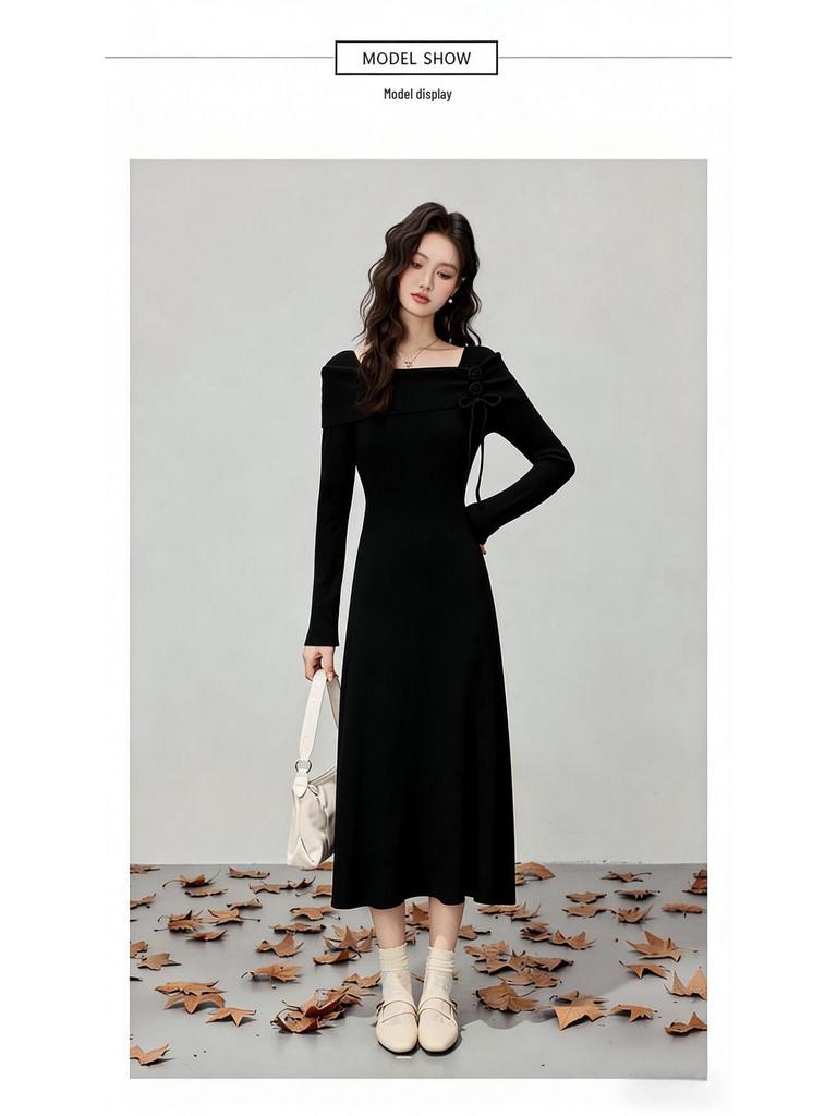 Korean Style Autumn Winter Knit Cinched Waist Slimming Long Dress for Ladies