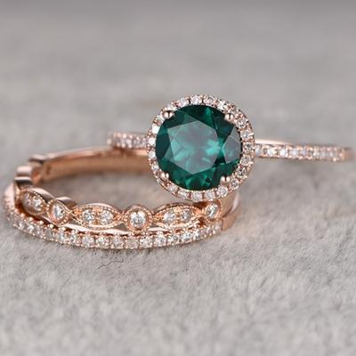 14k Rose Gold Green Gemstone Three Piece Ring Set Women Dainty Stackable Wedding Engagement Jewelry