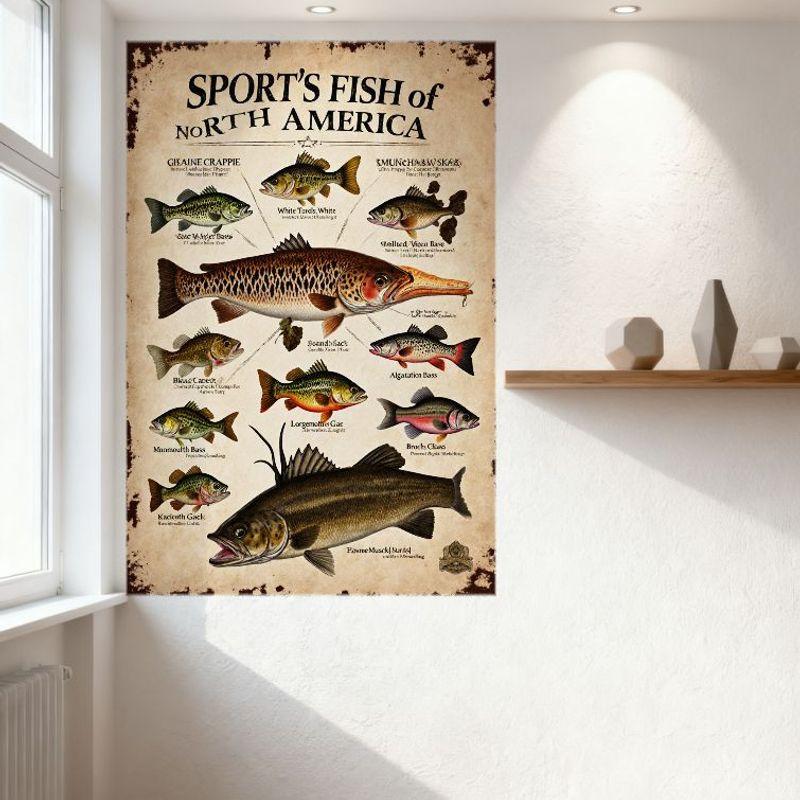 Vintage Sportfisch Nordamerikas Metallblechschild Rustikale Gealterte Illustration Kunst für Man Cave Heimdekoration Wandplakette Sammlung