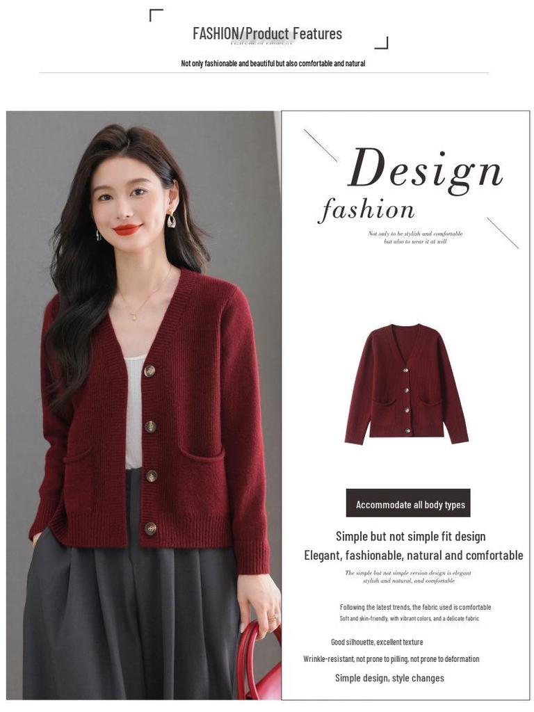 2025 Herbst Damen Eleganter V-Ausschnitt Einreihiger Strick-Cardigan Pullover Mantel mit Taschen.