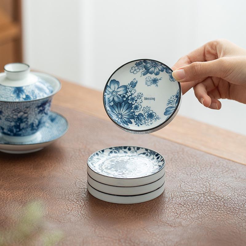 Zen Style Retro Blue & White Porcelain Tea Cup Coaster – Ceramic Anti-Scald Heat Insulation Pad for Gongfu Tea Ceremony.