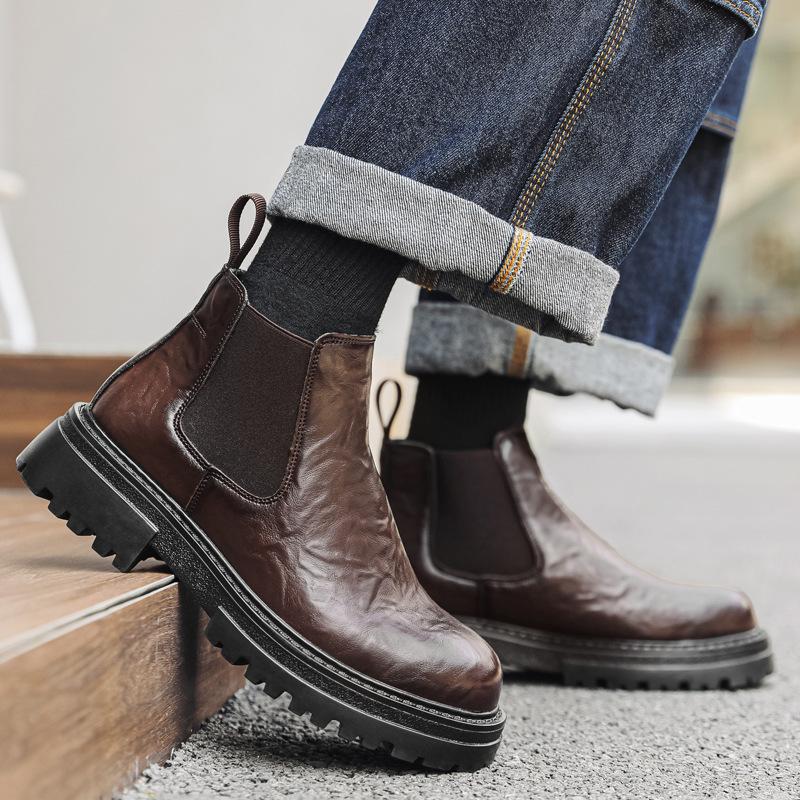 Vintage British style round head platform Martin boots men's 2024 new single shoes thick heel Chelsea boots 2114-J