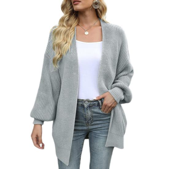 Damer Genser Kåpe Krageløs Lanternelangermet Åpen Front Strikkekåpe Ensfarget Løs Passform Mellomlang Overbekledning