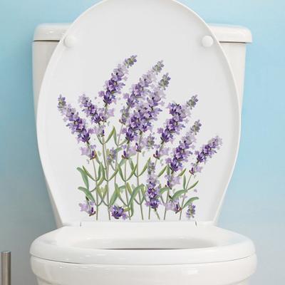 Pegatina de inodoro con diseño de lavanda, extraíble, autoadhesiva, impermeable, de PVC, para sala de estar, baño, decoración de pared, color morado, con flores, para tapa de inodoro