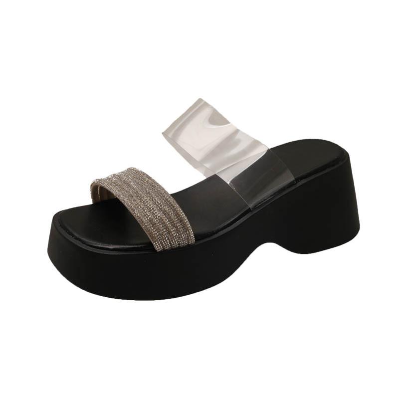 Kleine Damen-Pantoletten mit dicker Sohle, Muffin-Boden, Strass, Sommer, erhöhend, wasserdicht, Tischdamenschuhe