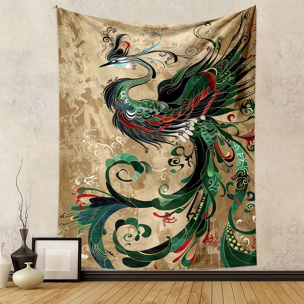 Colorful stylized phoenix with ornate feathers on a textured background. Patterned tapestry for bedroom and living room home decor
