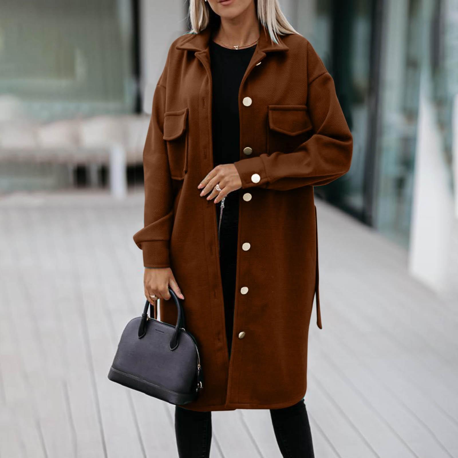 

Женская однобортная шерстяная куртка с длинным рукавом и поясом, с карманами XXL коричневый