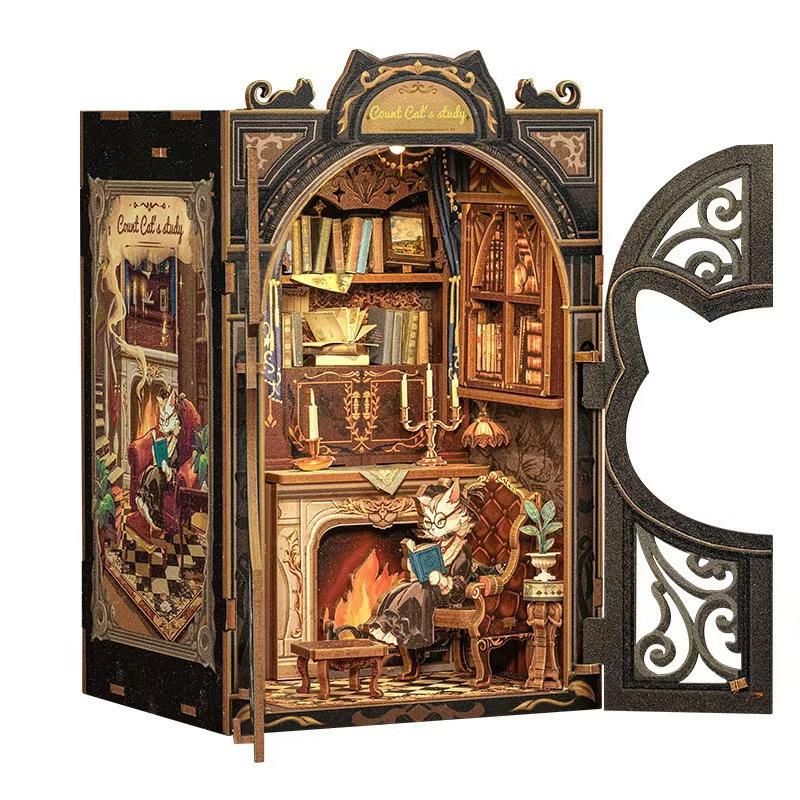 DIY Book Nook Kit Miniature Wooden Dollhouse with Light Bookshelf Insert Decoration Model for Gifts Bookshop Memories