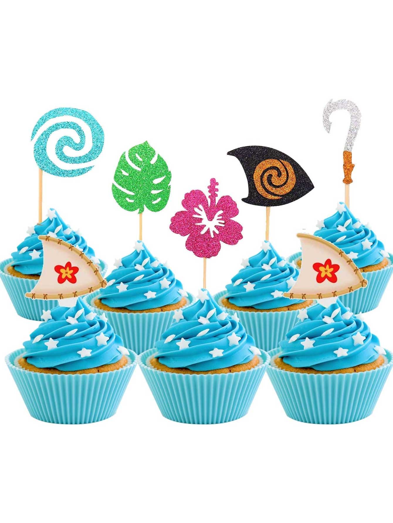 30 PCs Glittery Moana Inspired Cupcake Toppers Moana Cake Hawaiian Birthday Party Decoration for Tropical Luau Summer Party