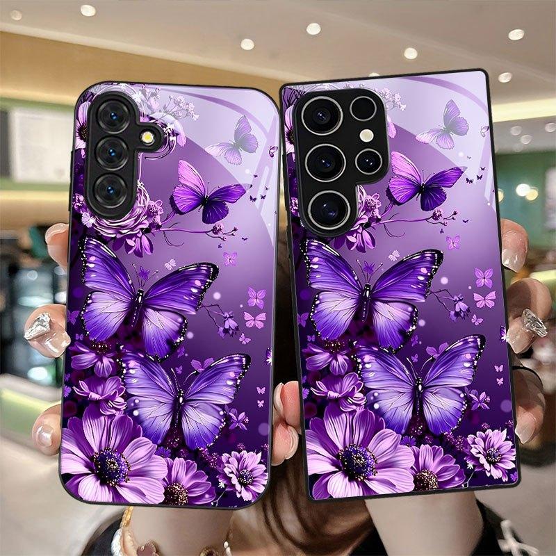 Purple Butterfly Flower Pattern Glass Phone Case Suitable for Samsung Galaxy S26 S25 S24 S22 S21 S20 FE/Ultra/Plus Hard Case