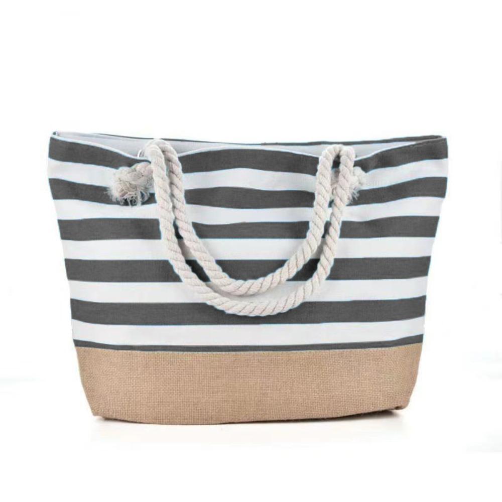 

Striped Beach Tote Bag Canvas Foldable Travel Handbag Large Capacity Zipper Gym Grocery Vacation Bags сірий