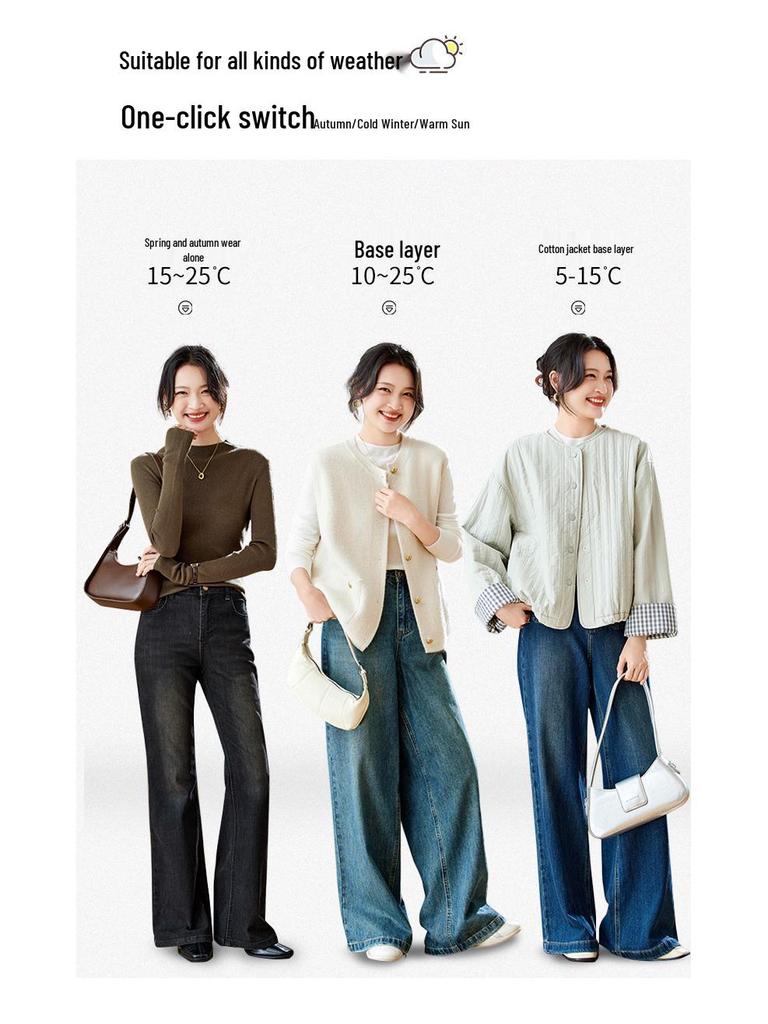 Women's Cotton Cocoon Half-High Collar Knitwear - Slim Fit Solid Color Base Layer Top (Spring/Autumn 2026)