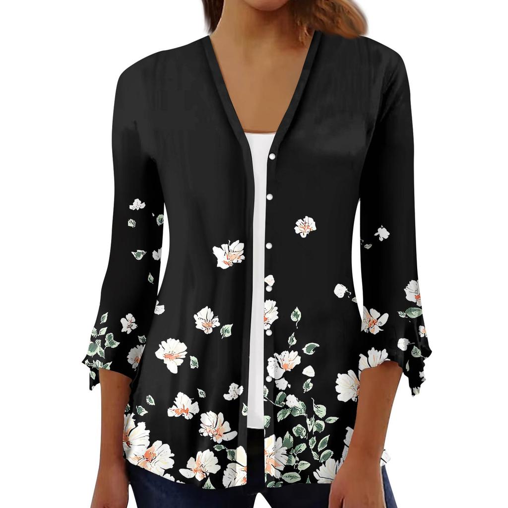 Women's Fashion Loose Casual Printed Seven-Part Sleeve Button Down Blouse Cardigan Top