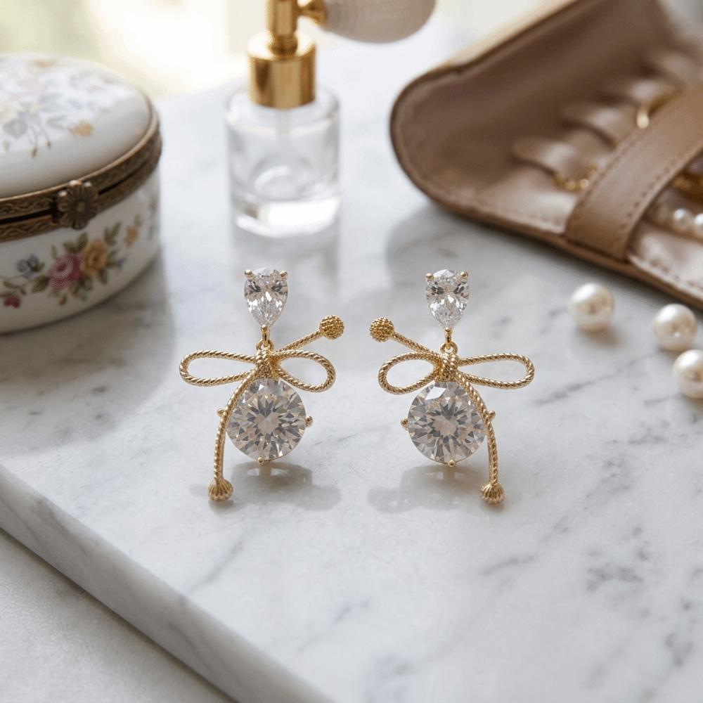 Stud Earrings Crystal Zircon Earrings Drip Bowknot Earrings Sweet Rhinestone Pendant Earrings Gift