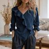 V-neck Women Top Tops V Neck Long Sleeve Ruffle Design Solid Color Commuter Blouse Loose Fit Work Party Casual Daily Wear Slim