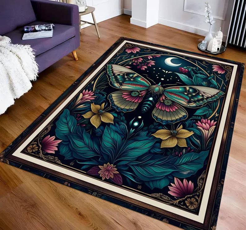 Butterfly Rug Boho Floral Design Night Garden Area Rug Artistic Home Decor Dark Blue Green Pattern Living Room Floor Mat