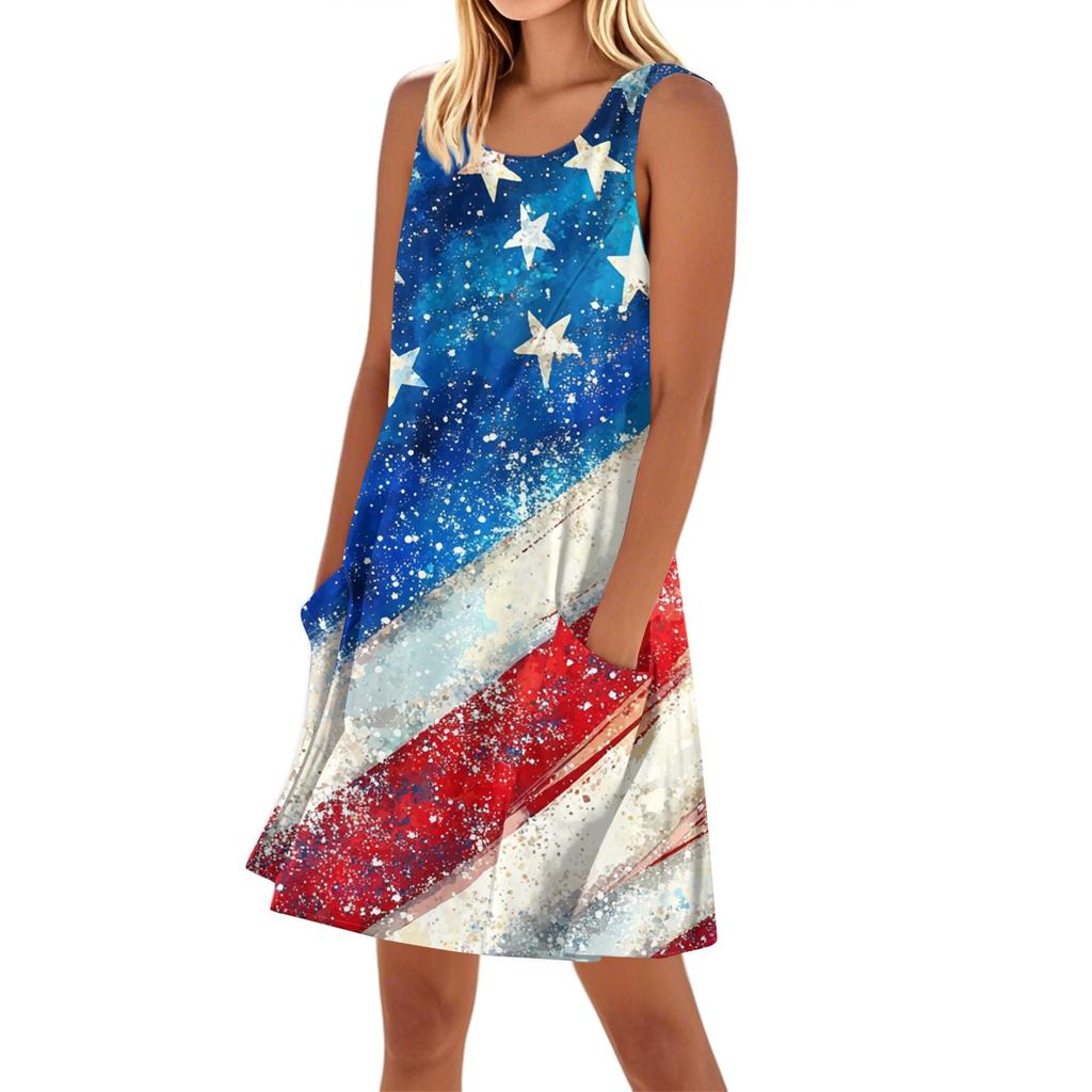 Women's Stylish Casual Independence Day Print Cuffless Pocket Dress