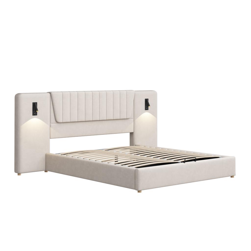 Gestoffeerd Bed 180*200cm, Extra Lang Hoofdsteun, Leeslampje, USB Laadpoort, Hydraulisch Opbergbed, Tweepersoonsbed, Fluweel Stof, Beige