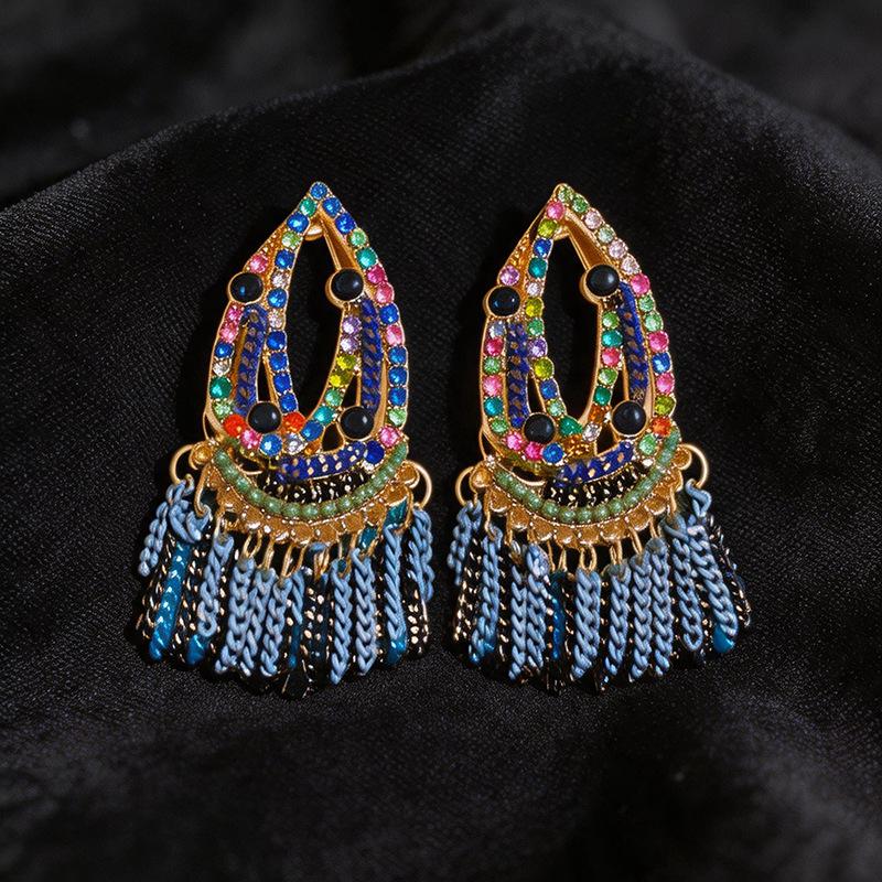 Silver Needle Ethnic Rhinestone Tassel Light Luxury Stud Earrings - Unique Niche Fashion Accessory