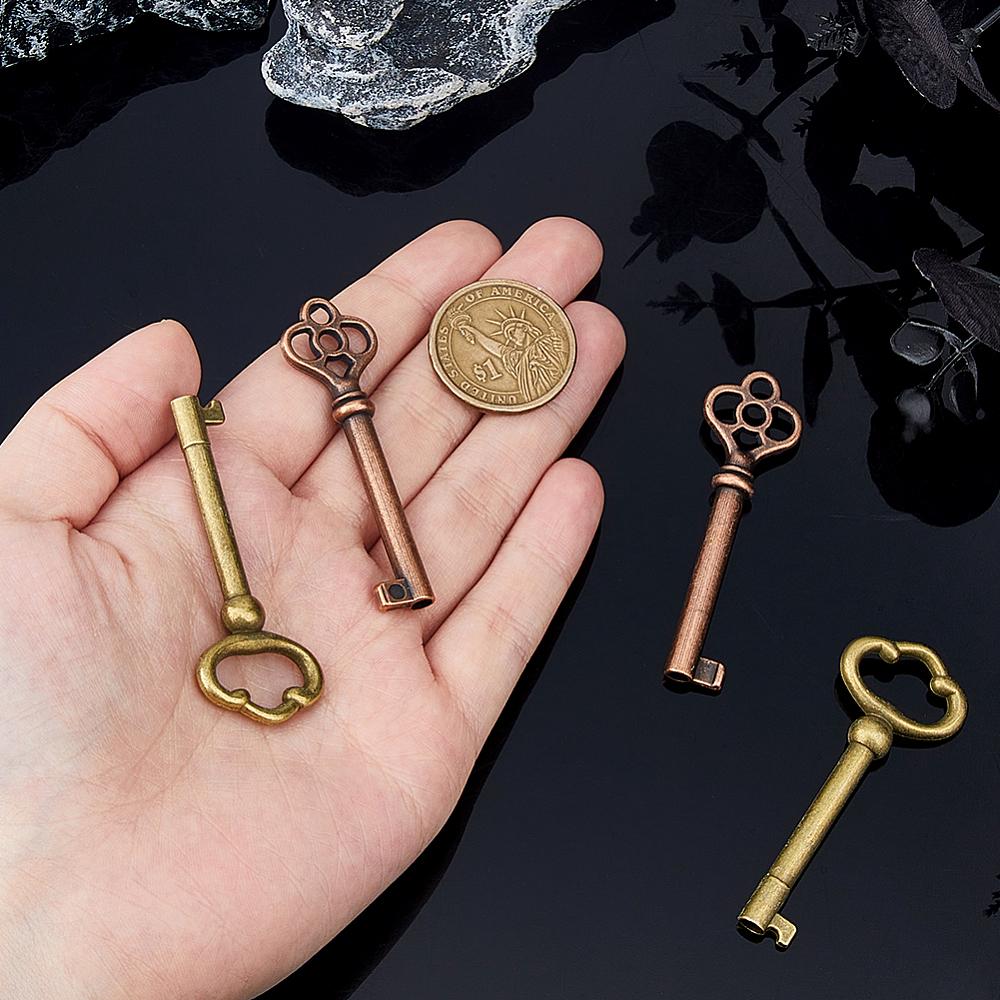 4Pcs 2 Styles Tibetan Style Alloy Big Pendants Key Mixed Color 60x18.5~24x7~8mm Hole: 3.5~17.5mm 2pcs/style