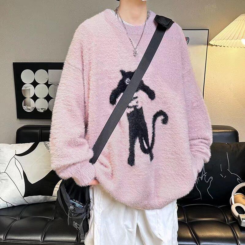 Men's Cute Cat Pattern Sweater Loose Crew Neck Knitted Pullover Long Sleeve Autumn Jumper Winter Warm Clothes