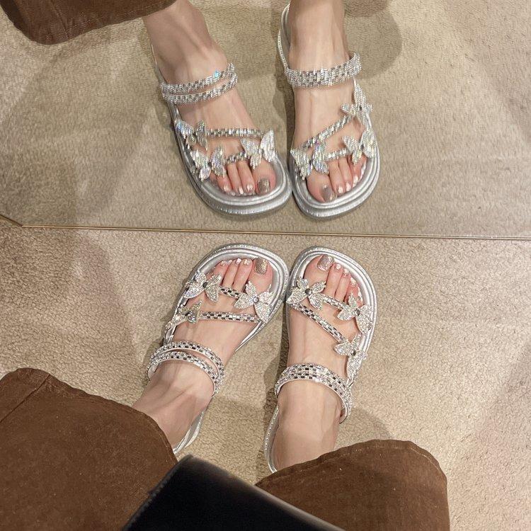 

Fashion Butterfly Flat Heeled Sandals Women 2025 Summer Clip Toe Platform Slippers Woman Soft Thick Sole Flip-Flops Slides Women Shoes 40 серебряный