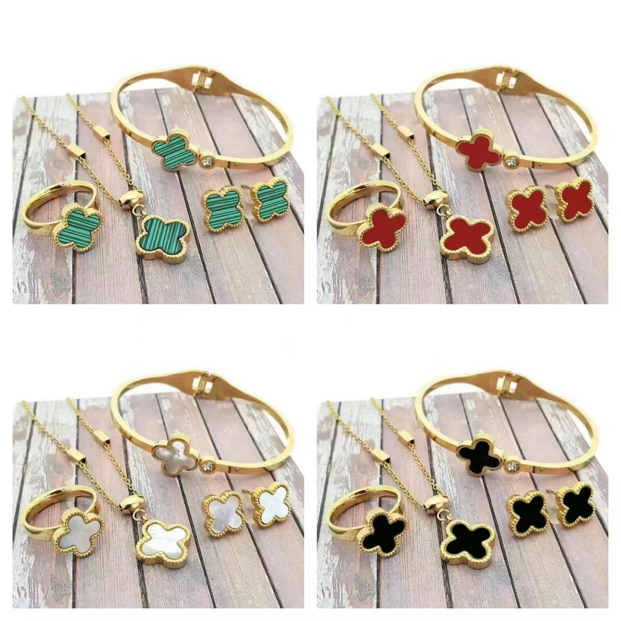 

4PCS Fashion Titanium Steel Colorless Lucky Four Leaf Grass Fritillaria Jewelry Four Piece Set Necklace Bracelet Ring Earrings